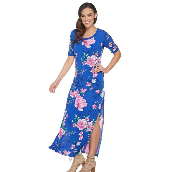 G.I.L.I Women Blue Floral Side Slit Maxi T-Shirt Dress Size L - Picture 6 of 10